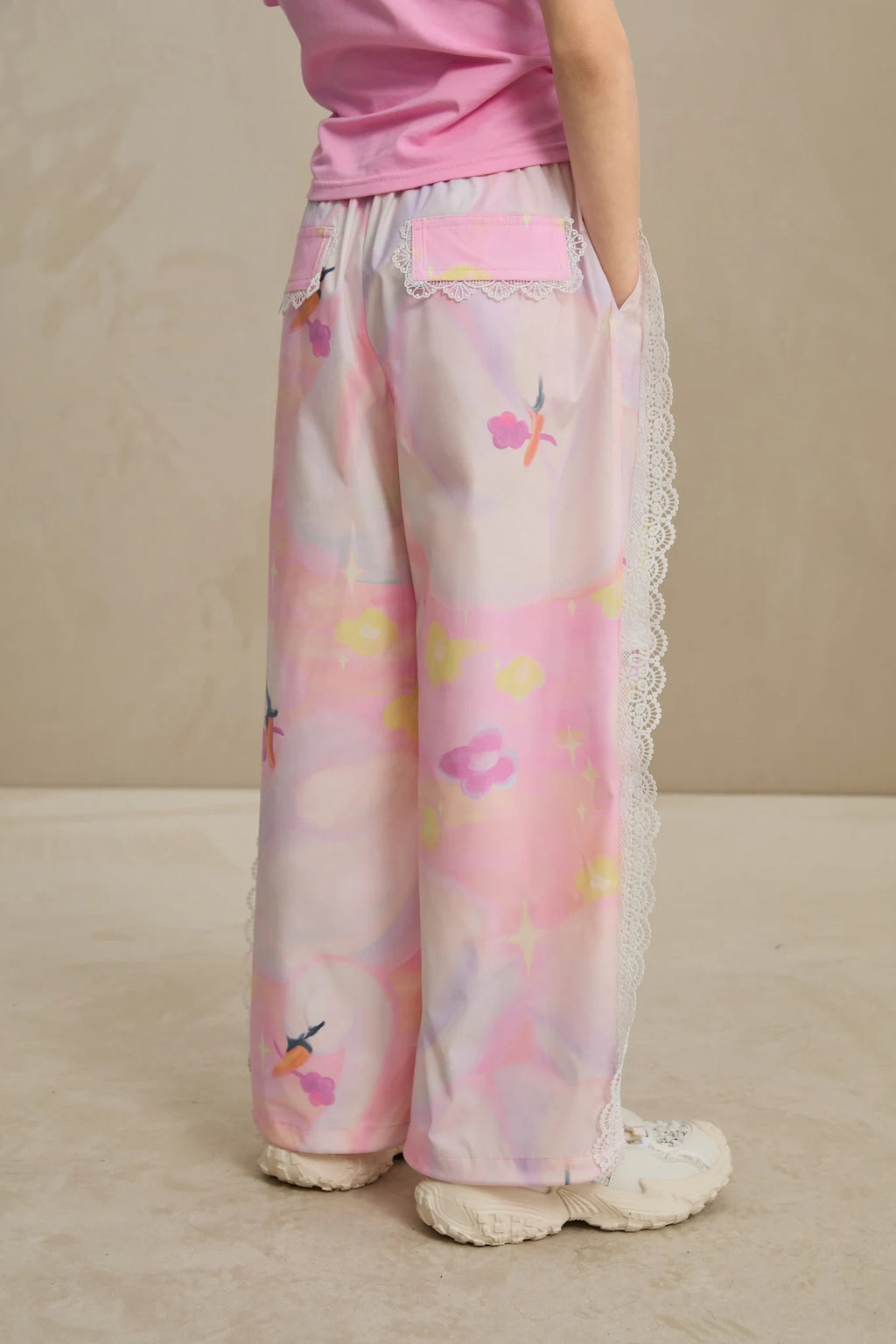 Poco Blush Swan Dream Parachute Pants with Lace Panels