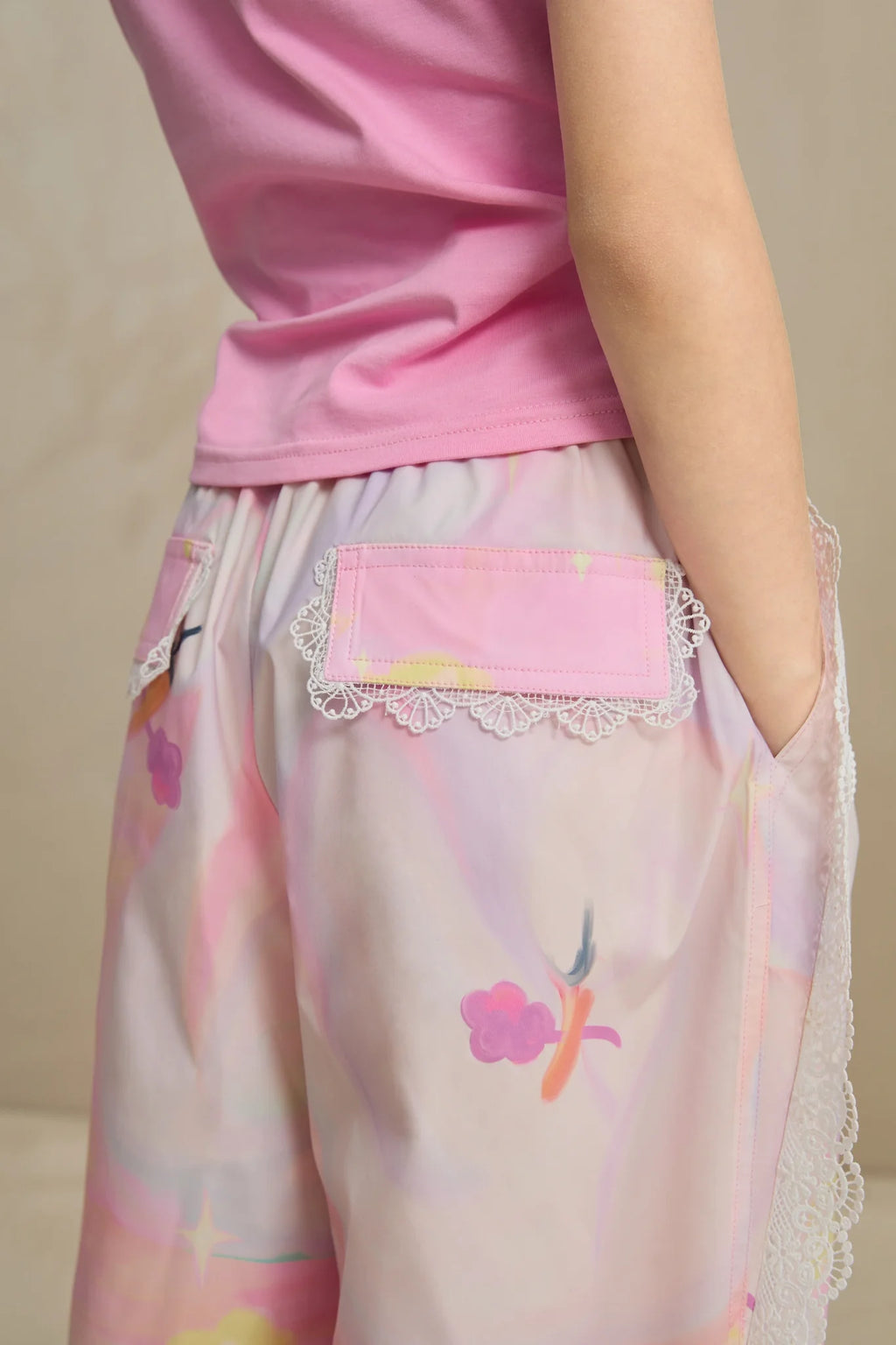 Poco Blush Swan Dream Parachute Pants with Lace Panels