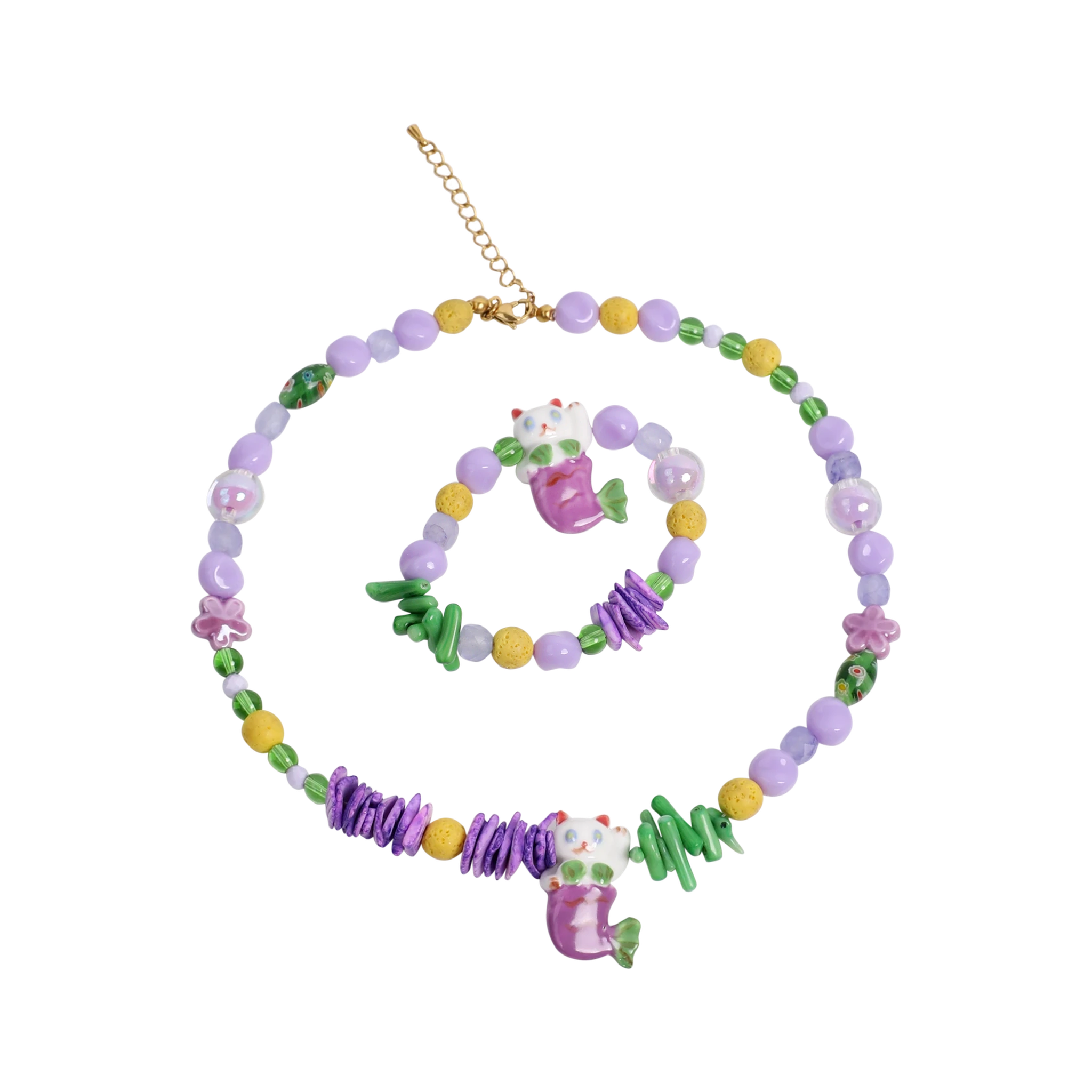 Poco Blush Mermaid Cat Shell Charm Bracelet and Necklace Set