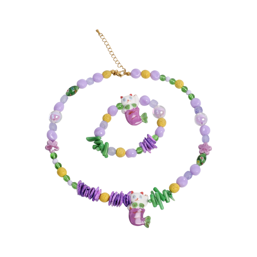 Mermaid Cat Shell Charm Bracelet and Necklace Set by Poco Blush