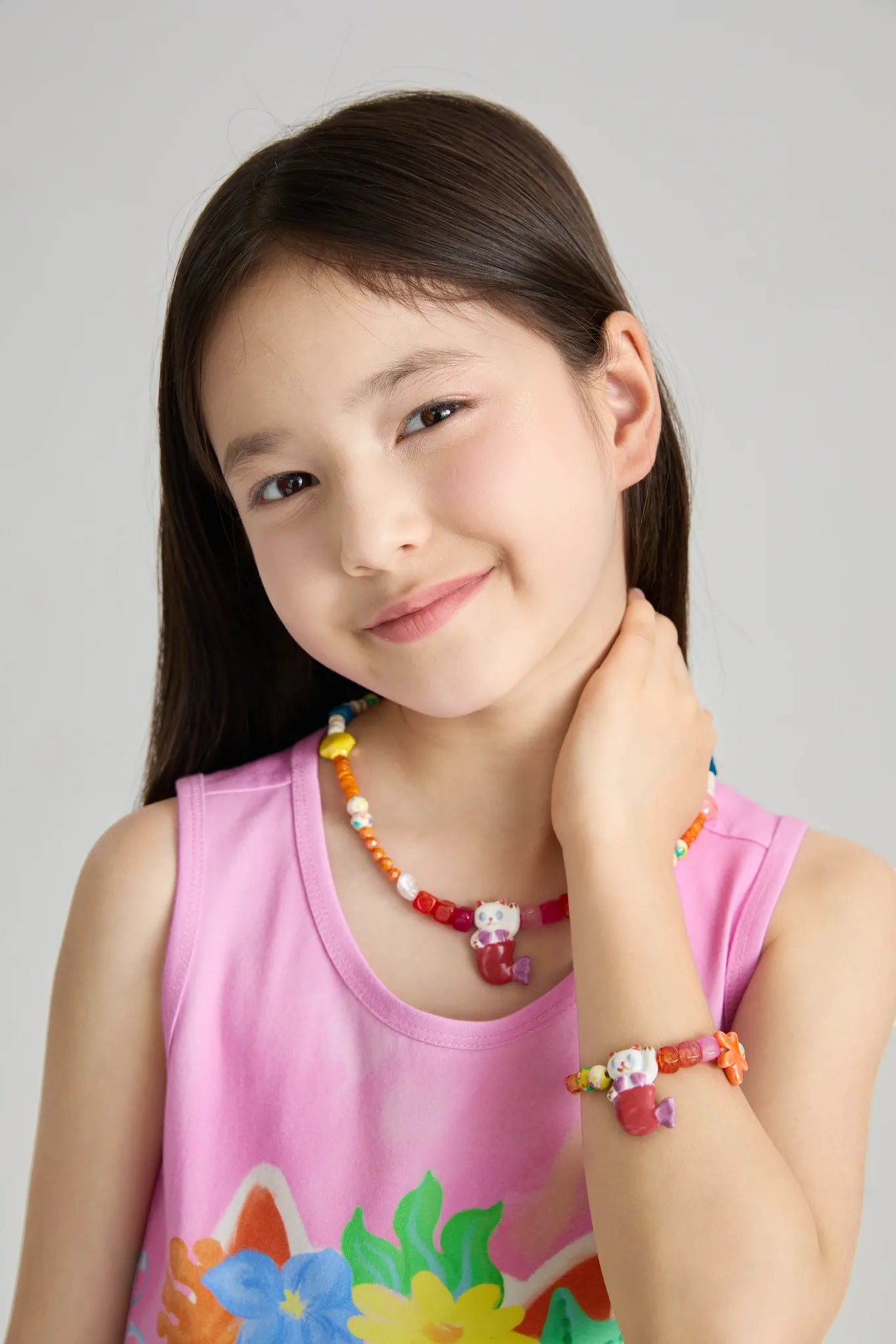 Poco Blush Mermaid Cat Shell Charm Bracelet and Necklace set