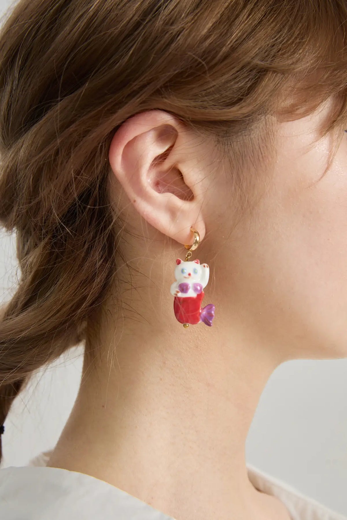 Poco Blush Hawaiian Mermaid Cat Ceramic Earrings