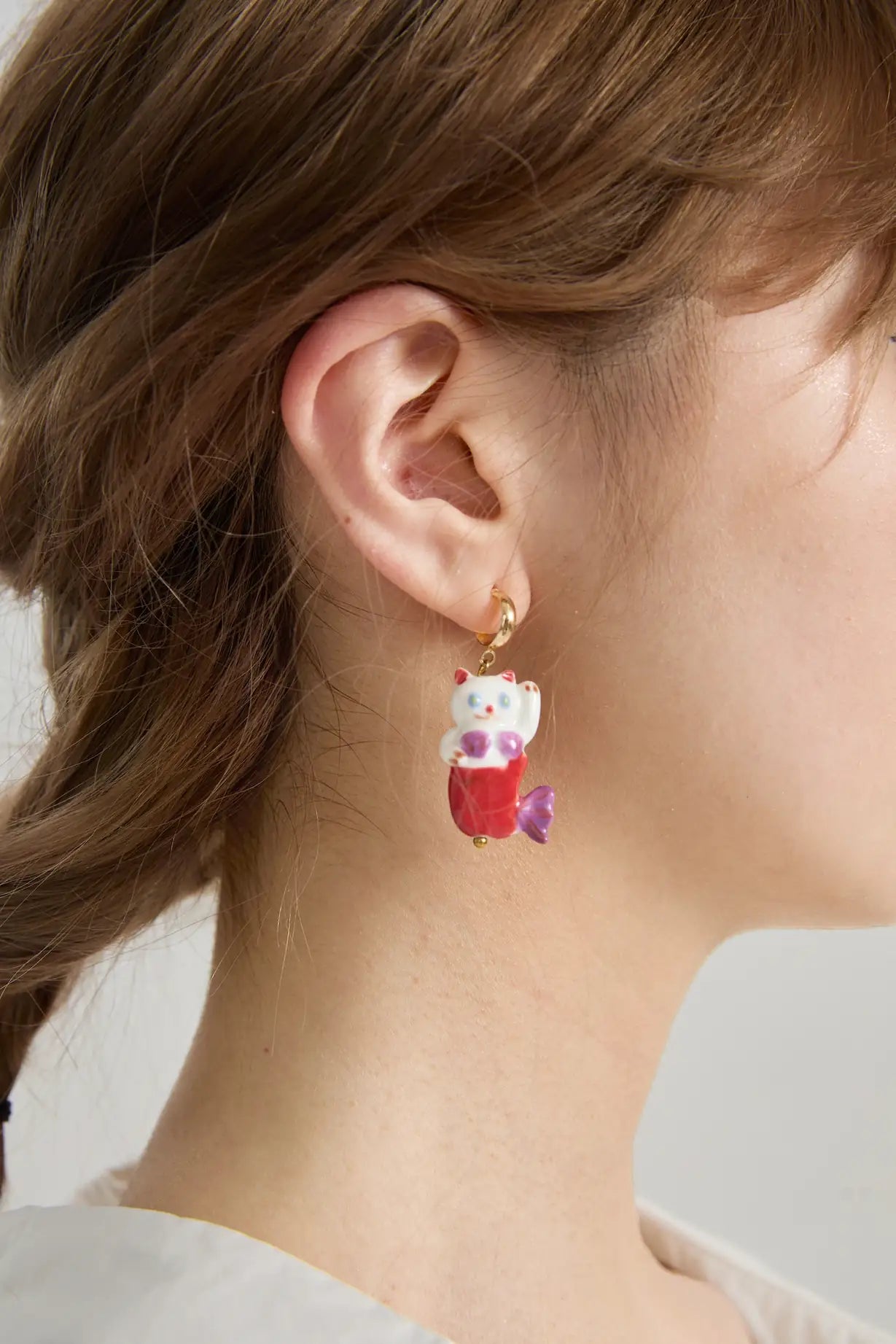 Poco Blush Hawaiian Mermaid Cat Ceramic Earrings