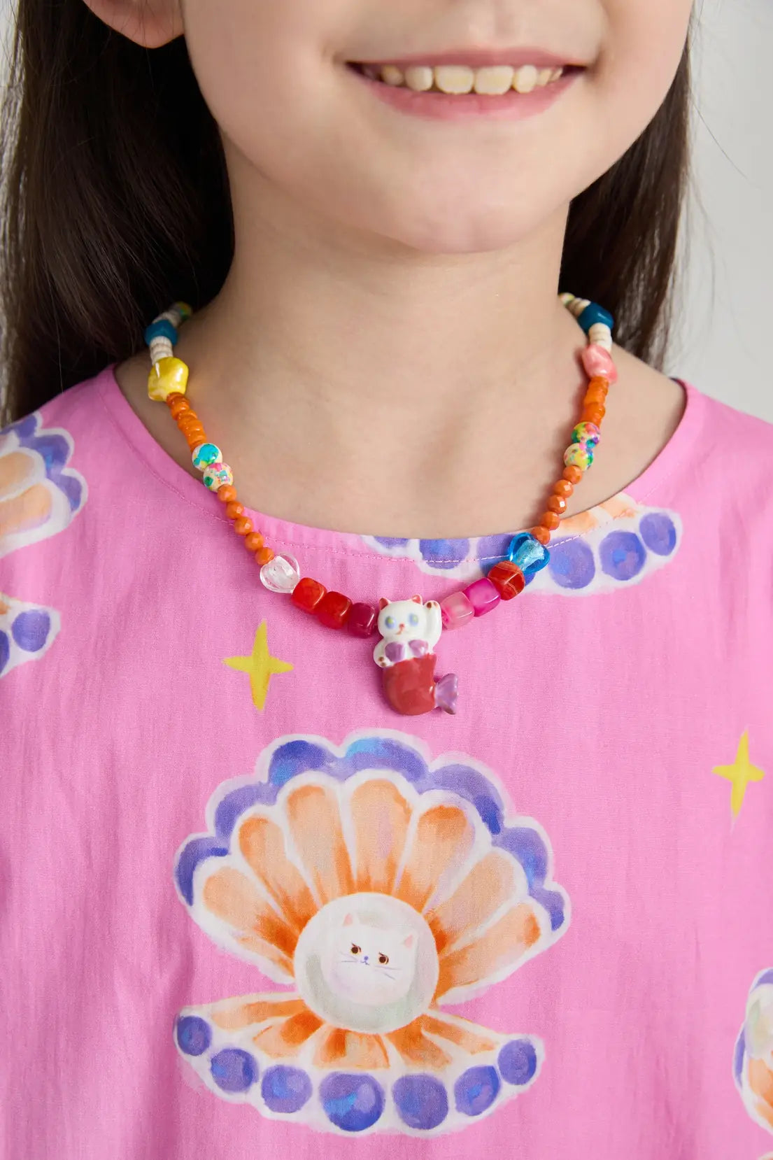 Poco Blush Mermaid Cat Shell Charm Bracelet and Necklace set