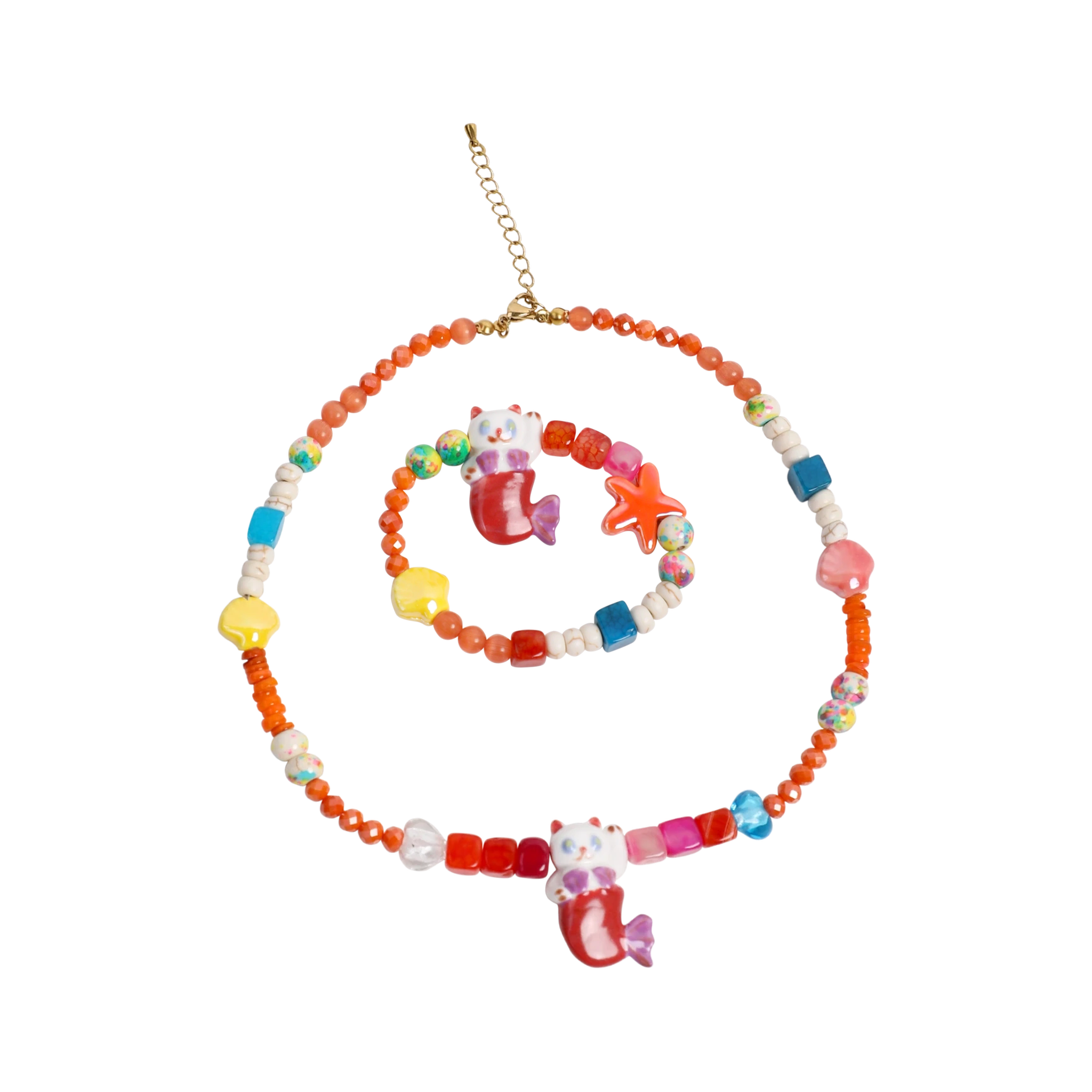 Poco Blush Mermaid Cat Shell Charm Bracelet and Necklace set