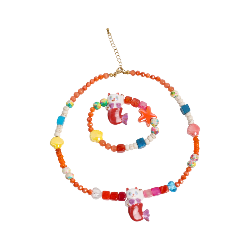 Mermaid Cat Shell Charm Bracelet and Necklace set by Poco Blush