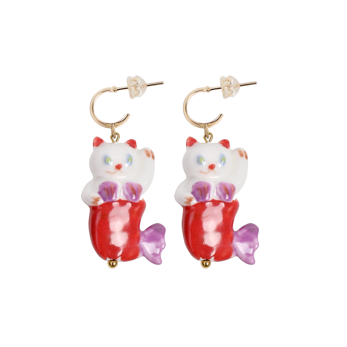 Poco Blush Hawaiian Mermaid Cat Ceramic Earrings