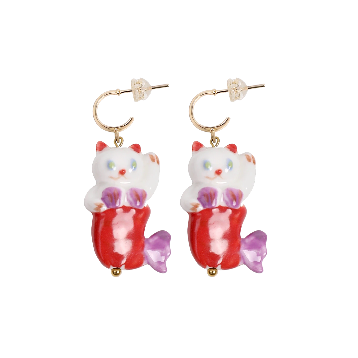 Poco Blush Hawaiian Mermaid Cat Ceramic Earrings