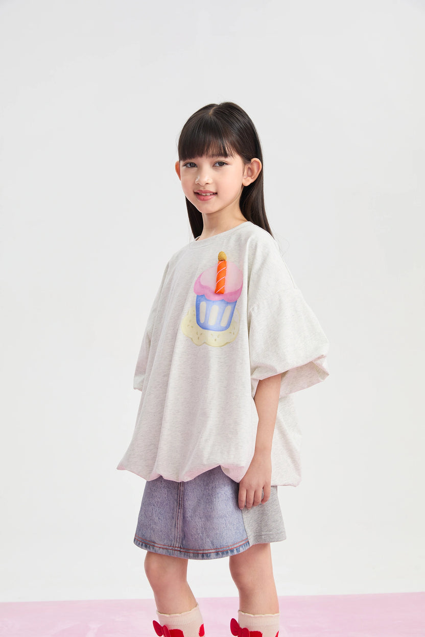 Dessert Plate Puff Sleeve T-Shirt in pfirsichrosa, buttergelb und hellgrau meliert mit puffärmeln, Bild 14