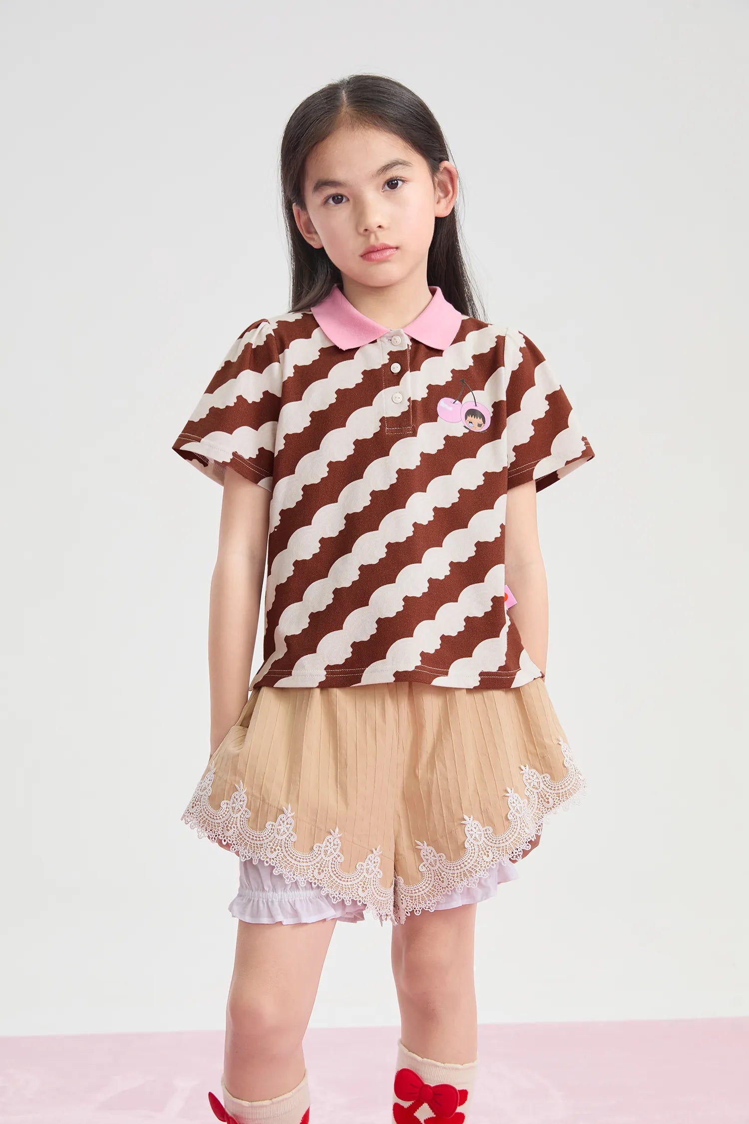 girls polo shirt, chestnut brown [39] and candy pink [51], stripe print, image 3