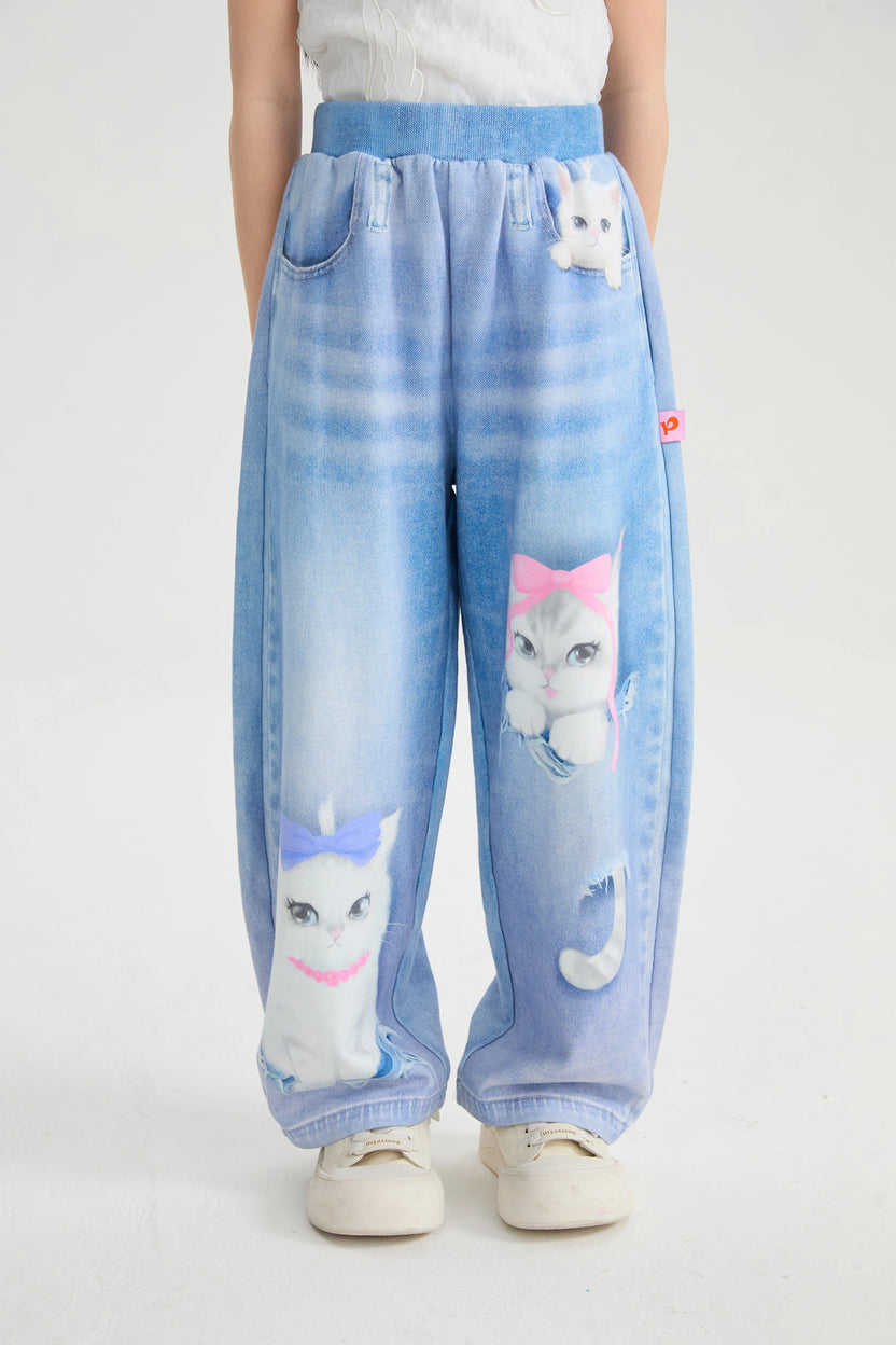 Pocket Cat Knit Denim Joggers by Poco Blush, image 2