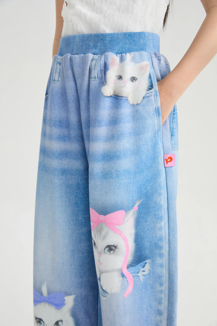 Pocket Cat Knit Denim Joggers by Poco Blush, image 8