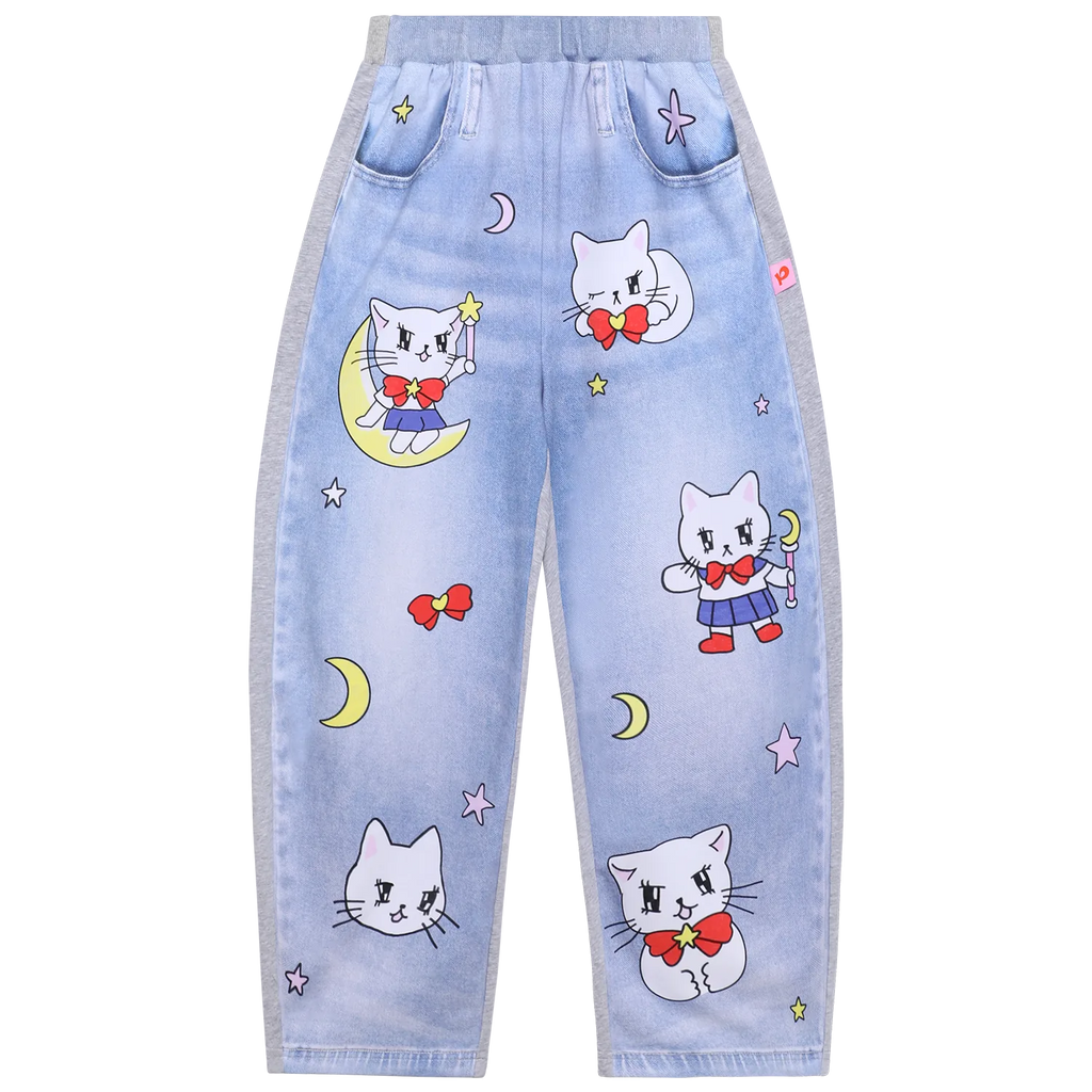 Star Moon Messenger Denim-Look Knit Pants by Poco Blush