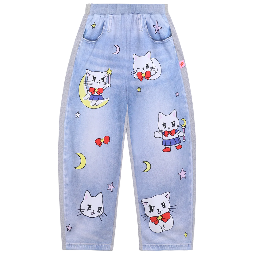 Star Moon Messenger Denim-Look Knit Pants by Poco Blush