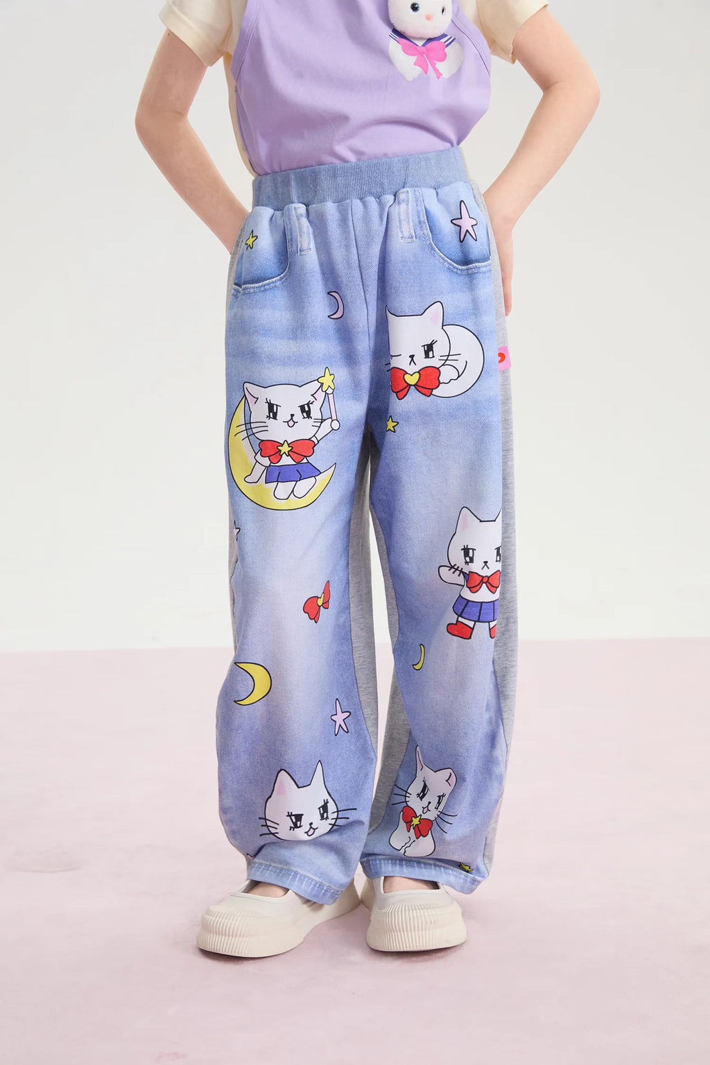 Star Moon Messenger Denim-Look Knit Pants by Poco Blush, image 4