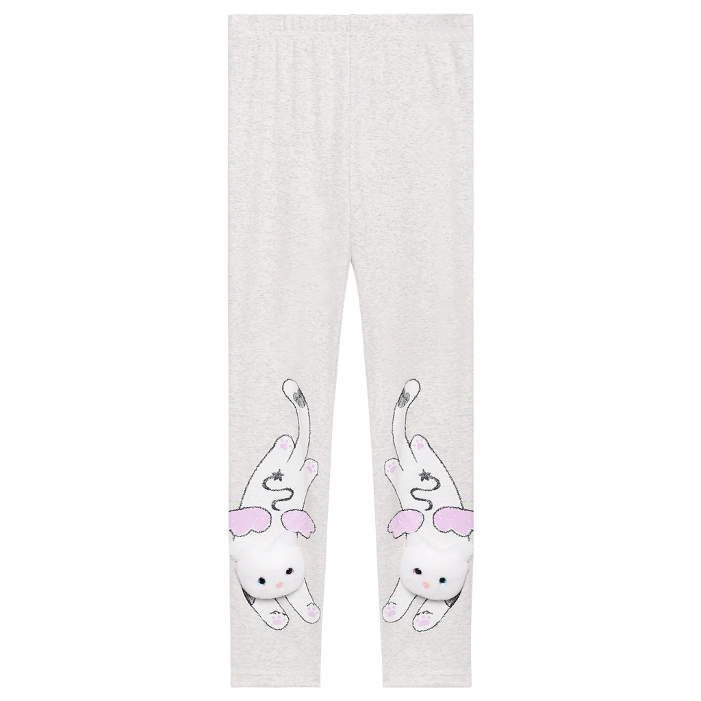Kitty Warrior Appliqué Printed Leggings in hellgrau meliert und candy pink mit printmotiv