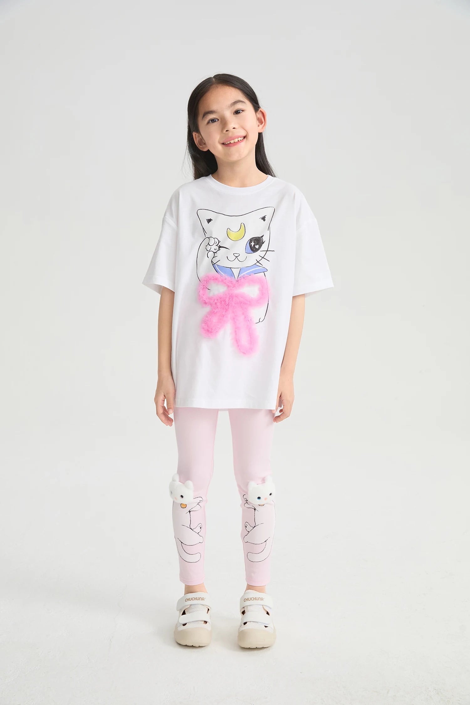 Kitty Warrior Appliqué Printed Leggings in hellgrau meliert und candy pink mit printmotiv, Bild 10
