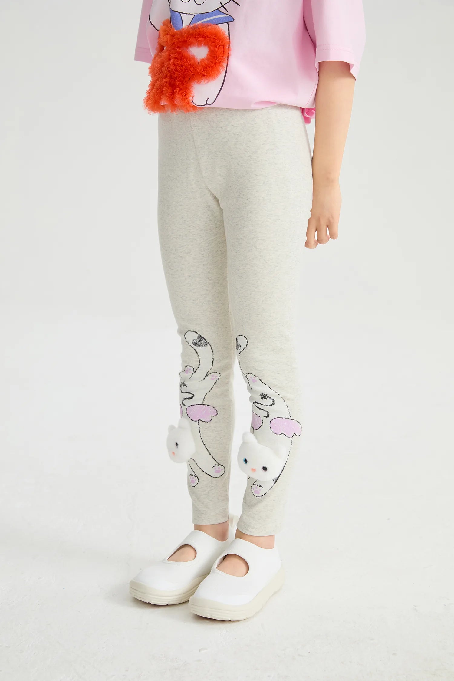 Kitty Warrior Appliqué Printed Leggings in hellgrau meliert und candy pink mit printmotiv, Bild 7