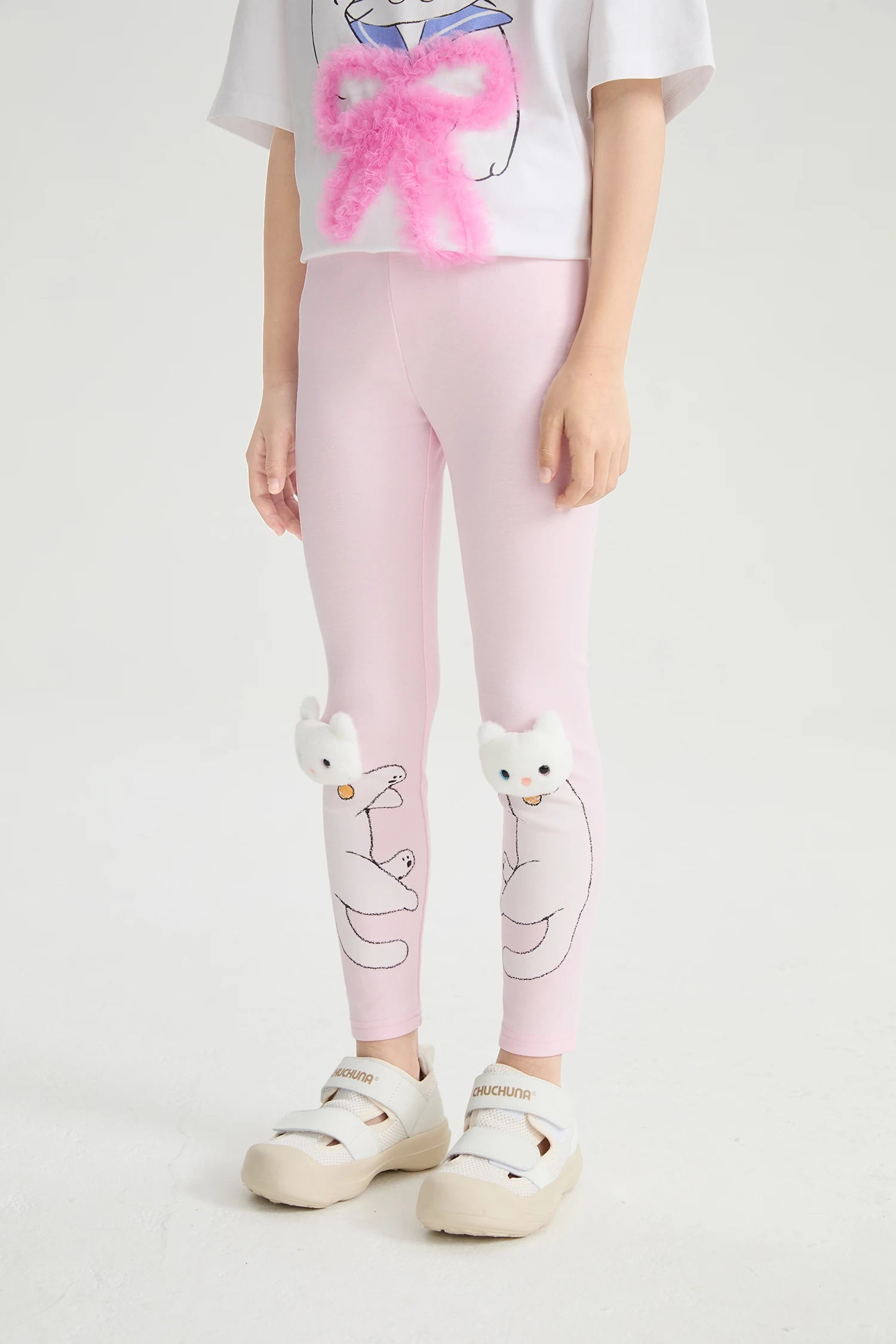 Kitty Warrior Appliqué Printed Leggings in hellgrau meliert und candy pink mit printmotiv, Bild 8
