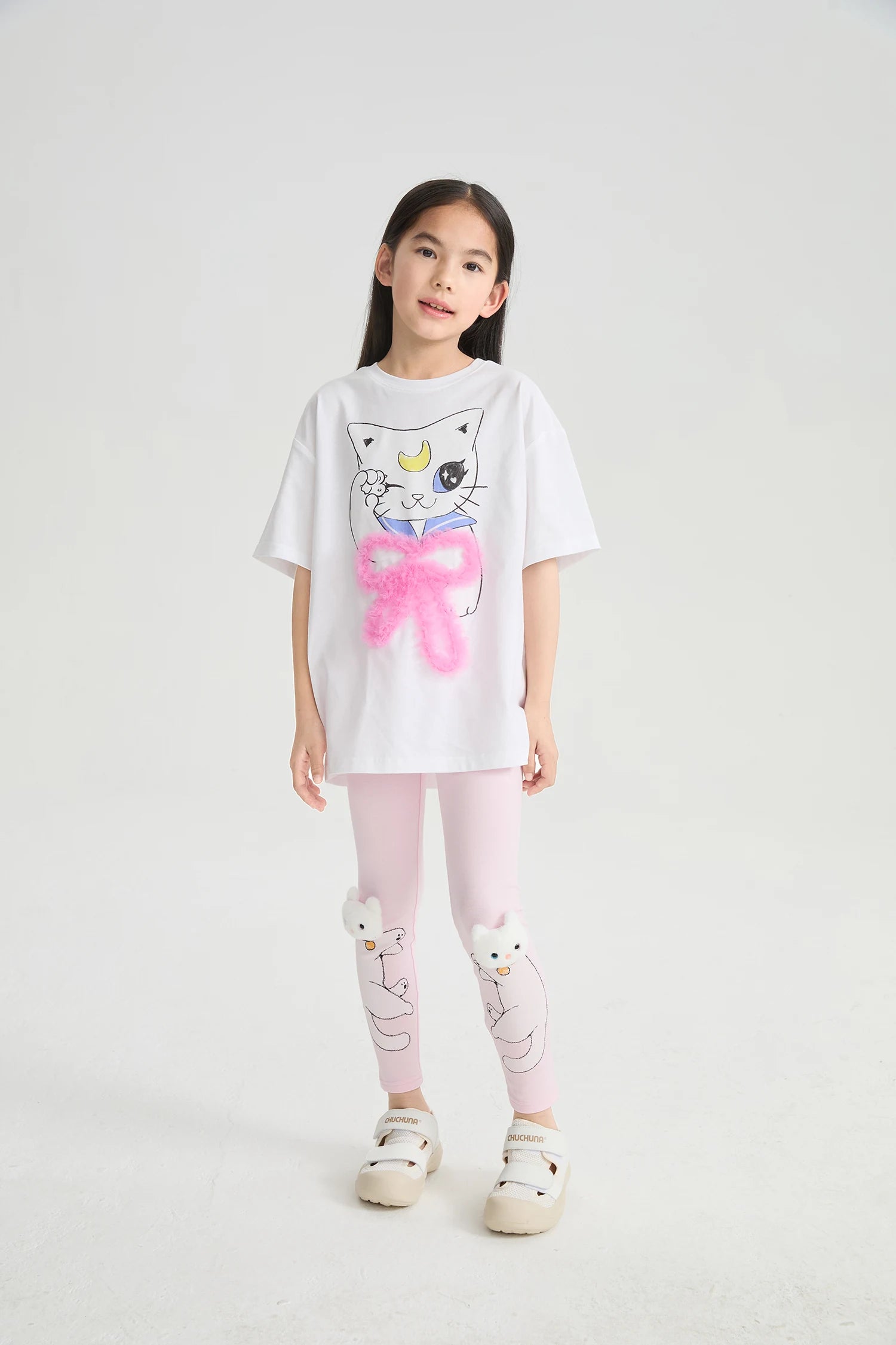 Kitty Warrior Appliqué Printed Leggings in hellgrau meliert und candy pink mit printmotiv, Bild 9