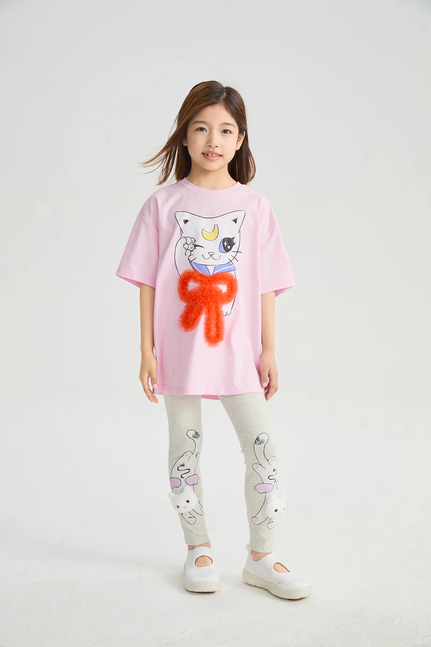 Kitty Warrior Appliqué Printed Leggings in hellgrau meliert und candy pink mit printmotiv, Bild 11