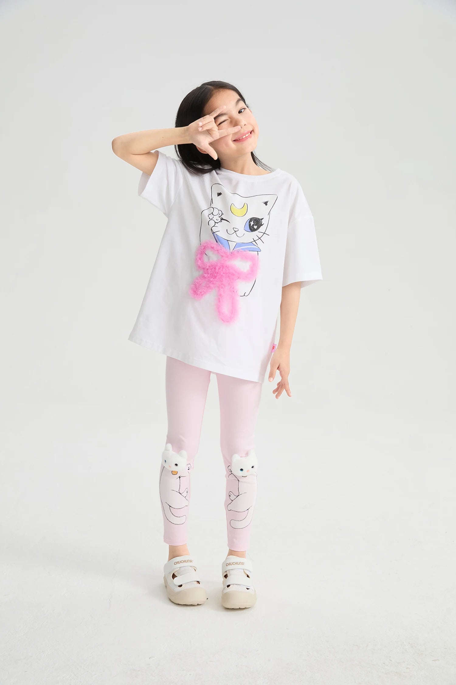 Kitty Warrior Appliqué Printed Leggings in hellgrau meliert und candy pink mit printmotiv, Bild 12