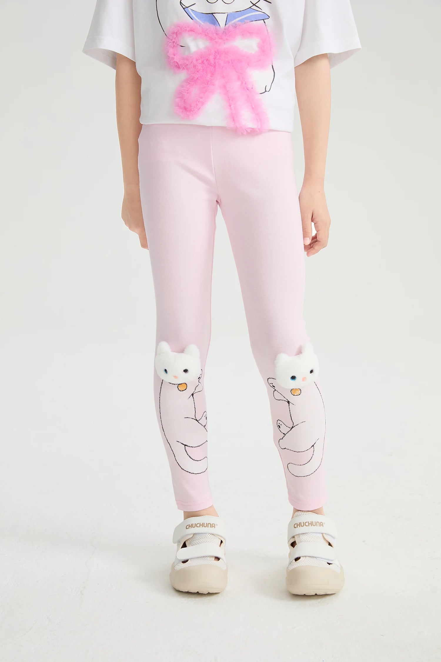 Kitty Warrior Appliqué Printed Leggings in hellgrau meliert und candy pink mit printmotiv, Bild 13