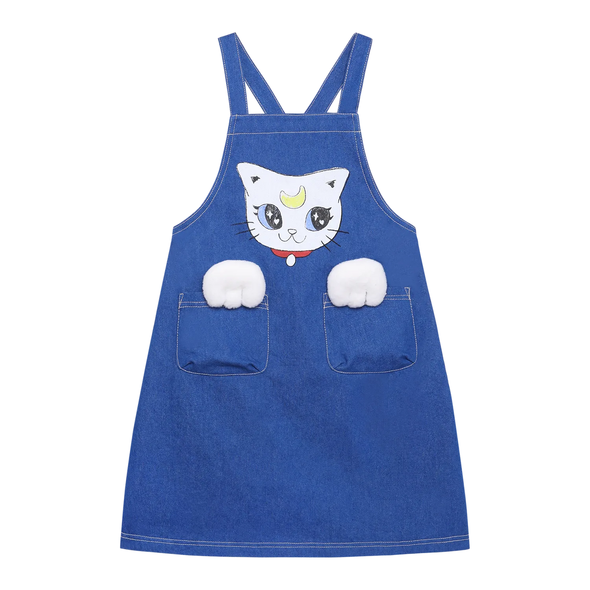 Poco Blush Pocket Cat Washed Denim Pinafore Dress Blue