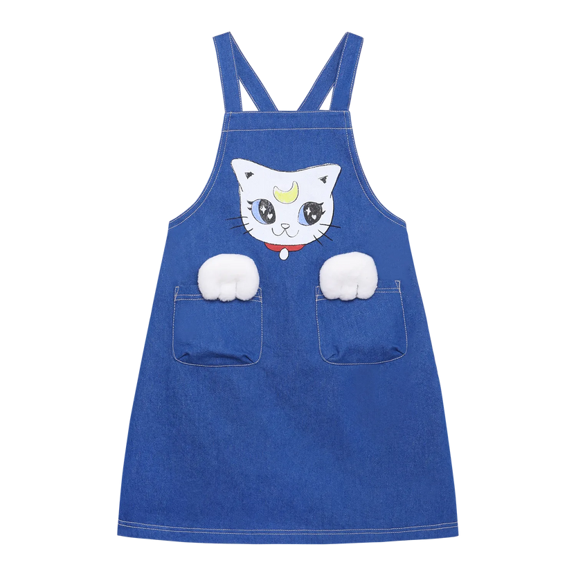 Pocket Cat Washed Denim Pinafore Dress by Poco Blush