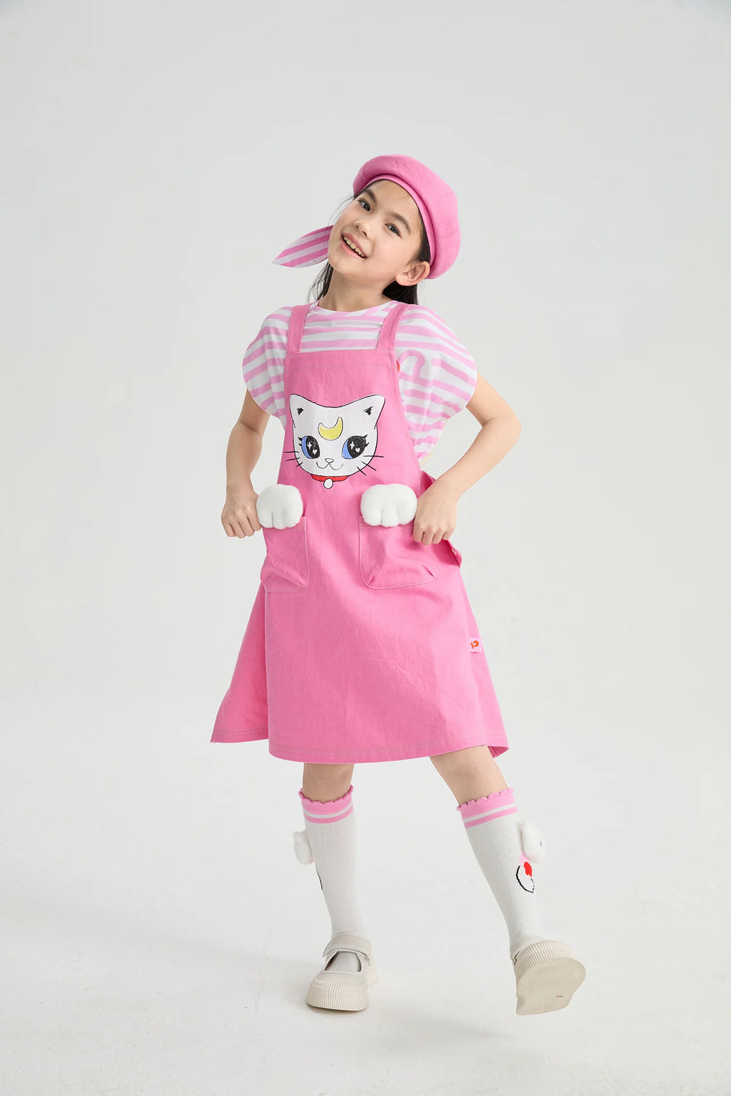 Poco Blush Pocket Cat Washed Denim Pinafore Dress for Girls