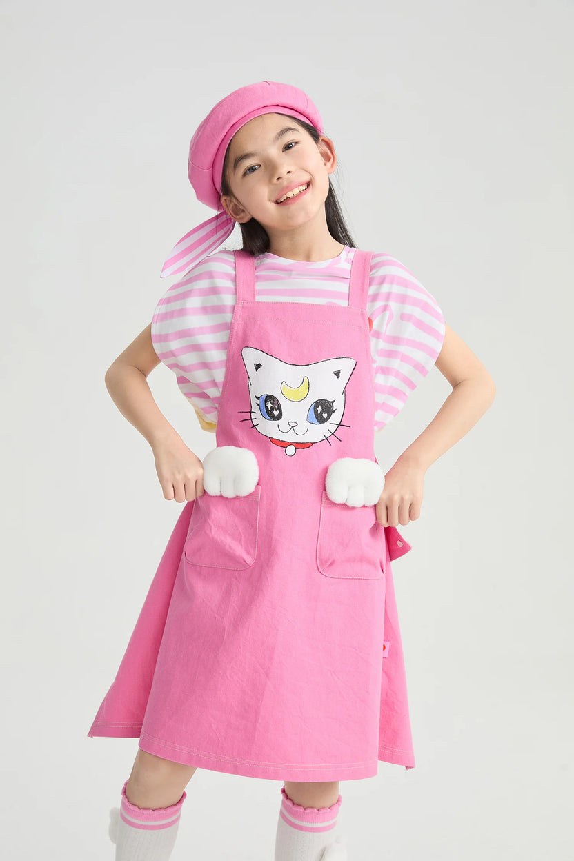 Pocket Cat Washed Denim Pinafore Dress
