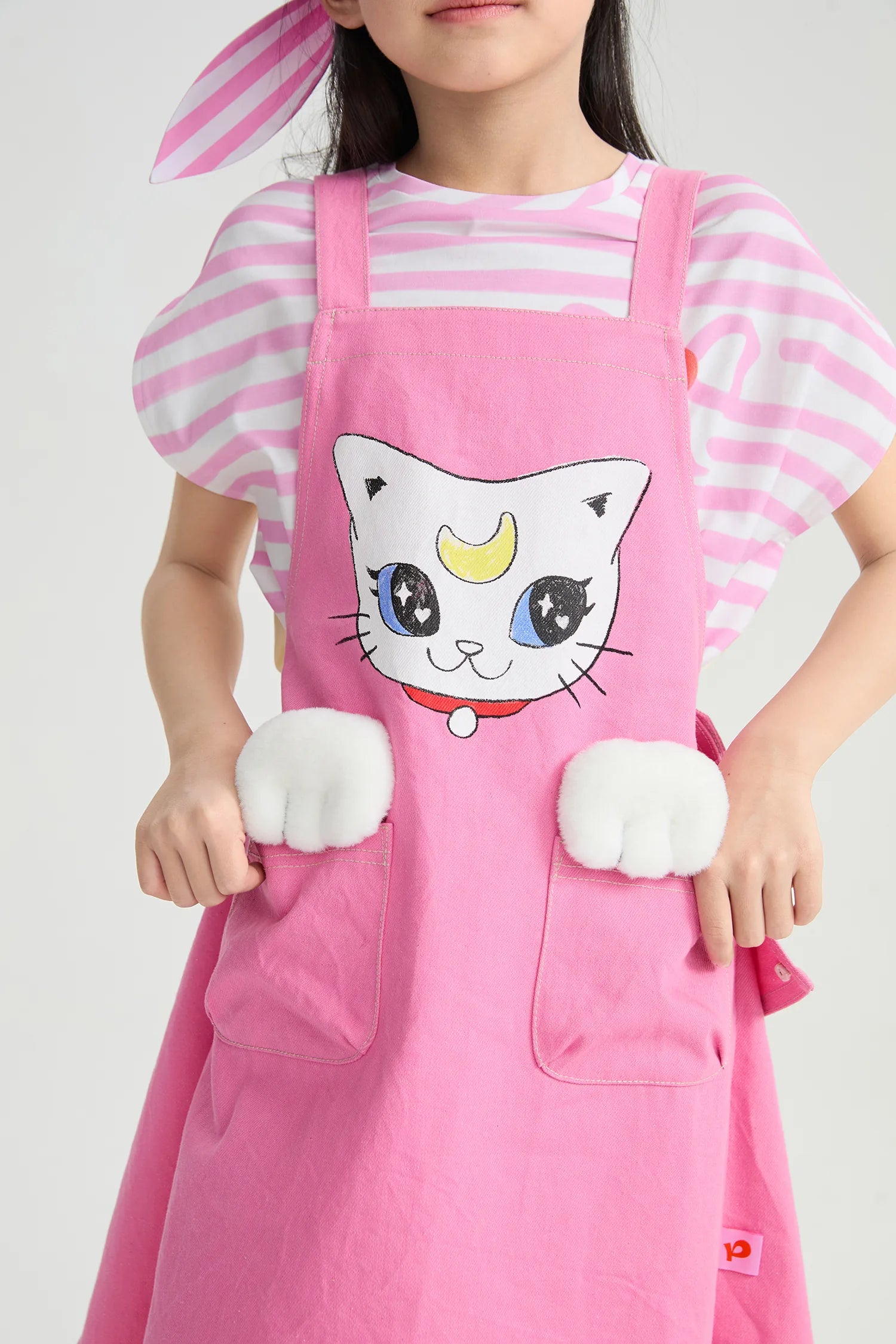 Poco Blush Pocket Cat Washed Denim Pinafore Dress for Girls