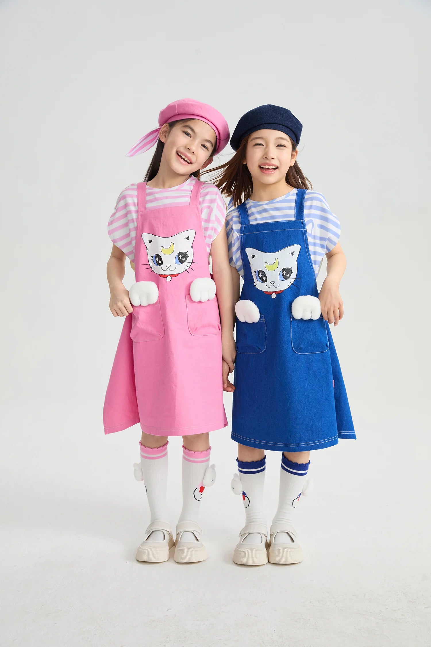 Poco Blush Pocket Cat Washed Denim Pinafore Dress for Girls