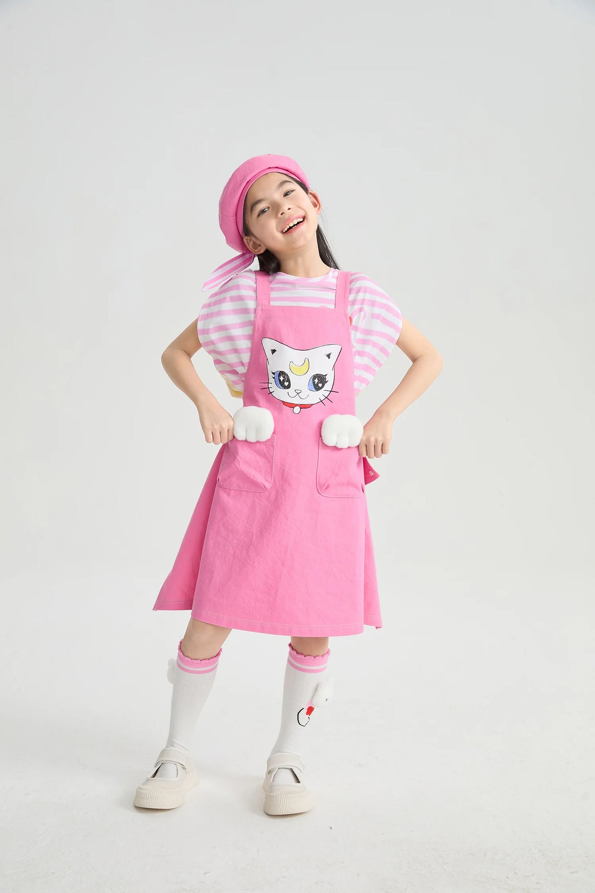 Poco Blush Pocket Cat Washed Denim Pinafore Dress