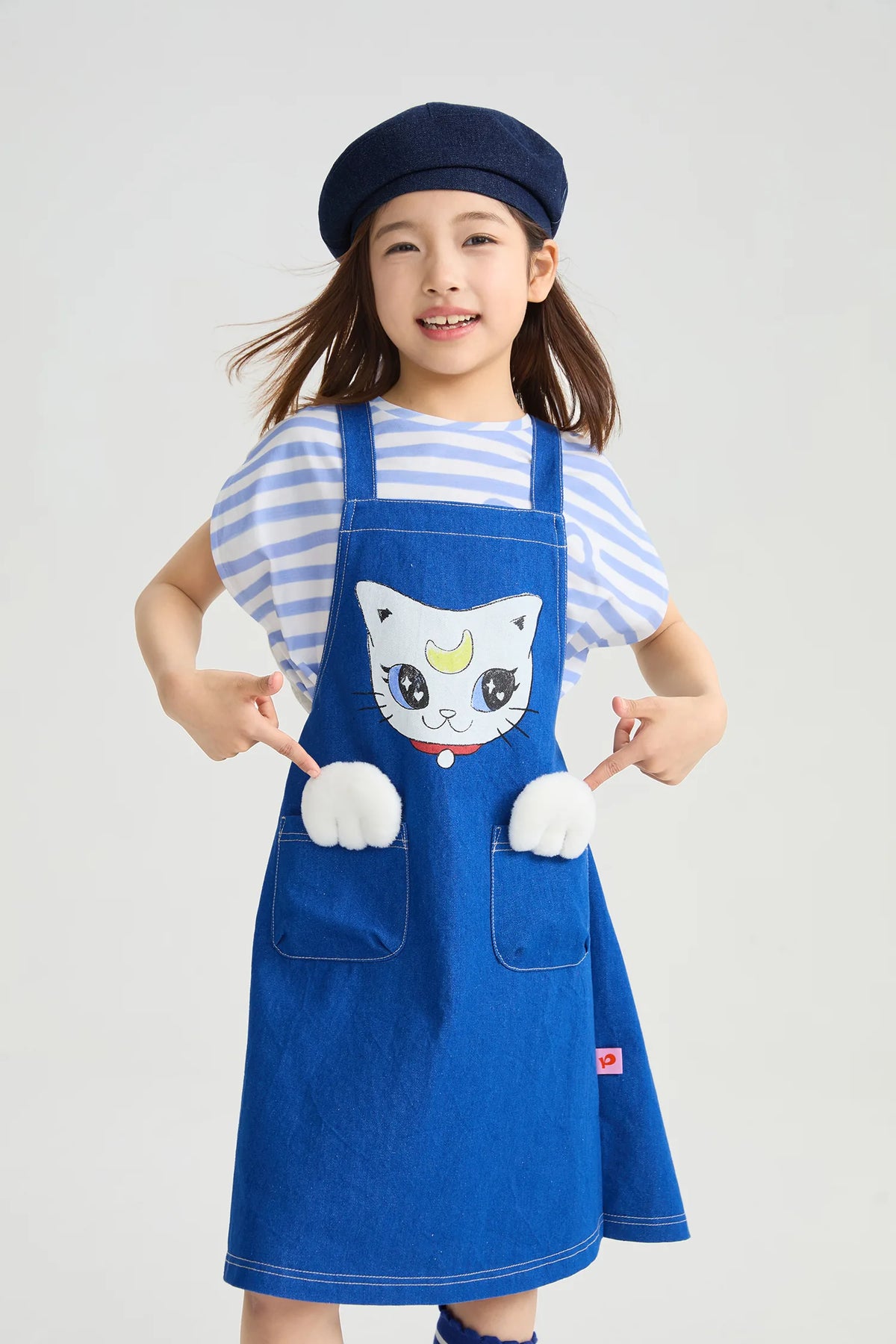 Poco Blush Pocket Cat Washed Denim Pinafore Dress