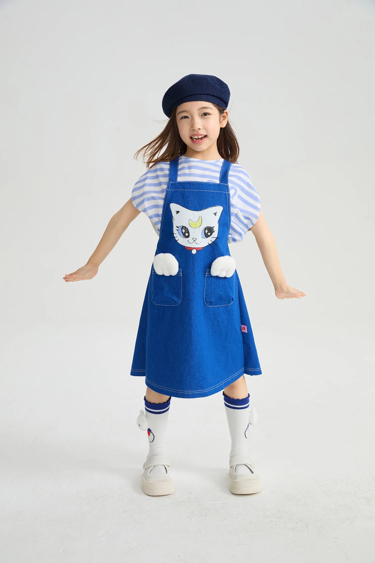 Poco Blush Pocket Cat Washed Denim Pinafore Dress