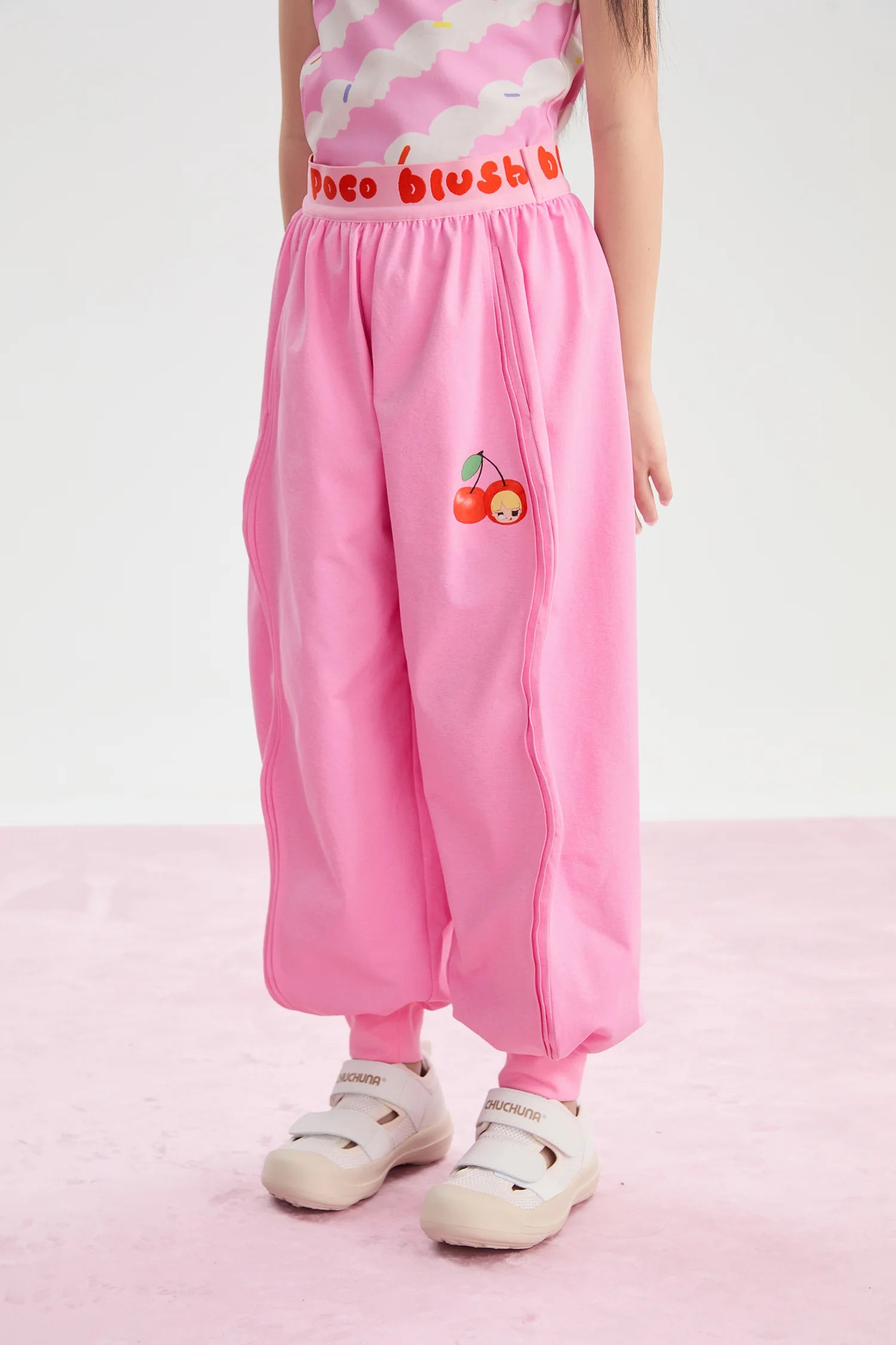girls jogger pants, hawthorn red [54], blossom pink [04], and navy [61], cherry motif, image 5
