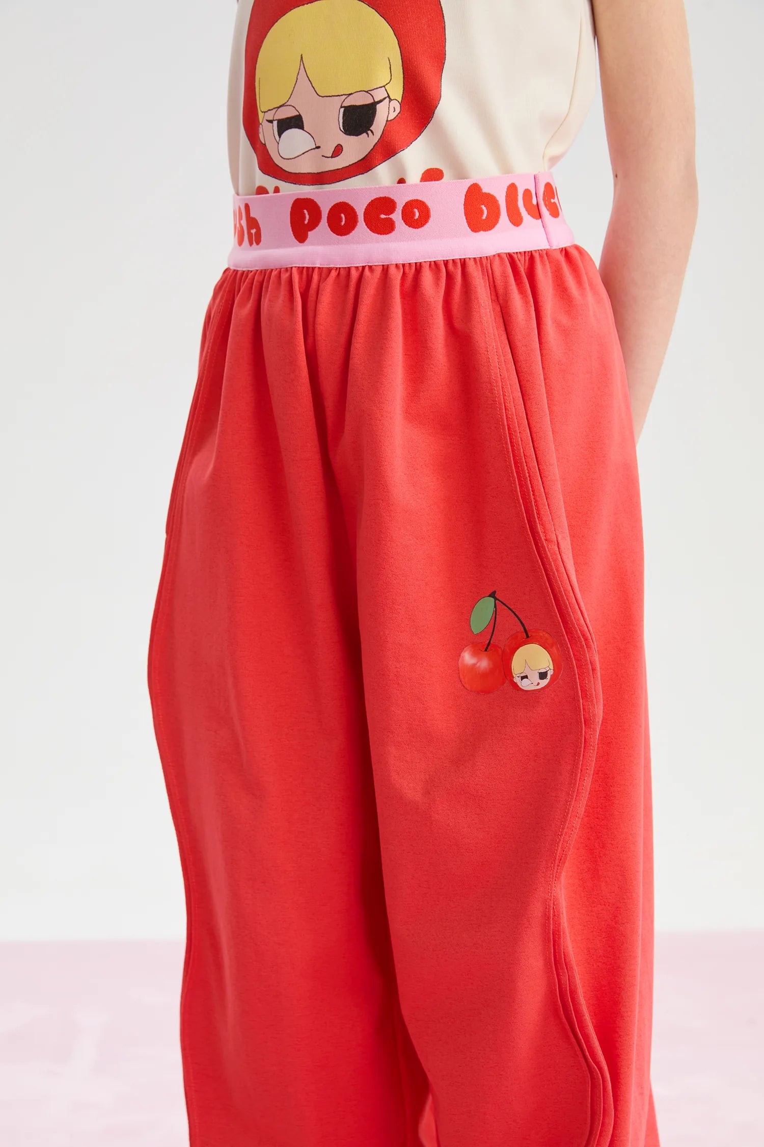 girls jogger pants, hawthorn red [54], blossom pink [04], and navy [61], cherry motif, image 7