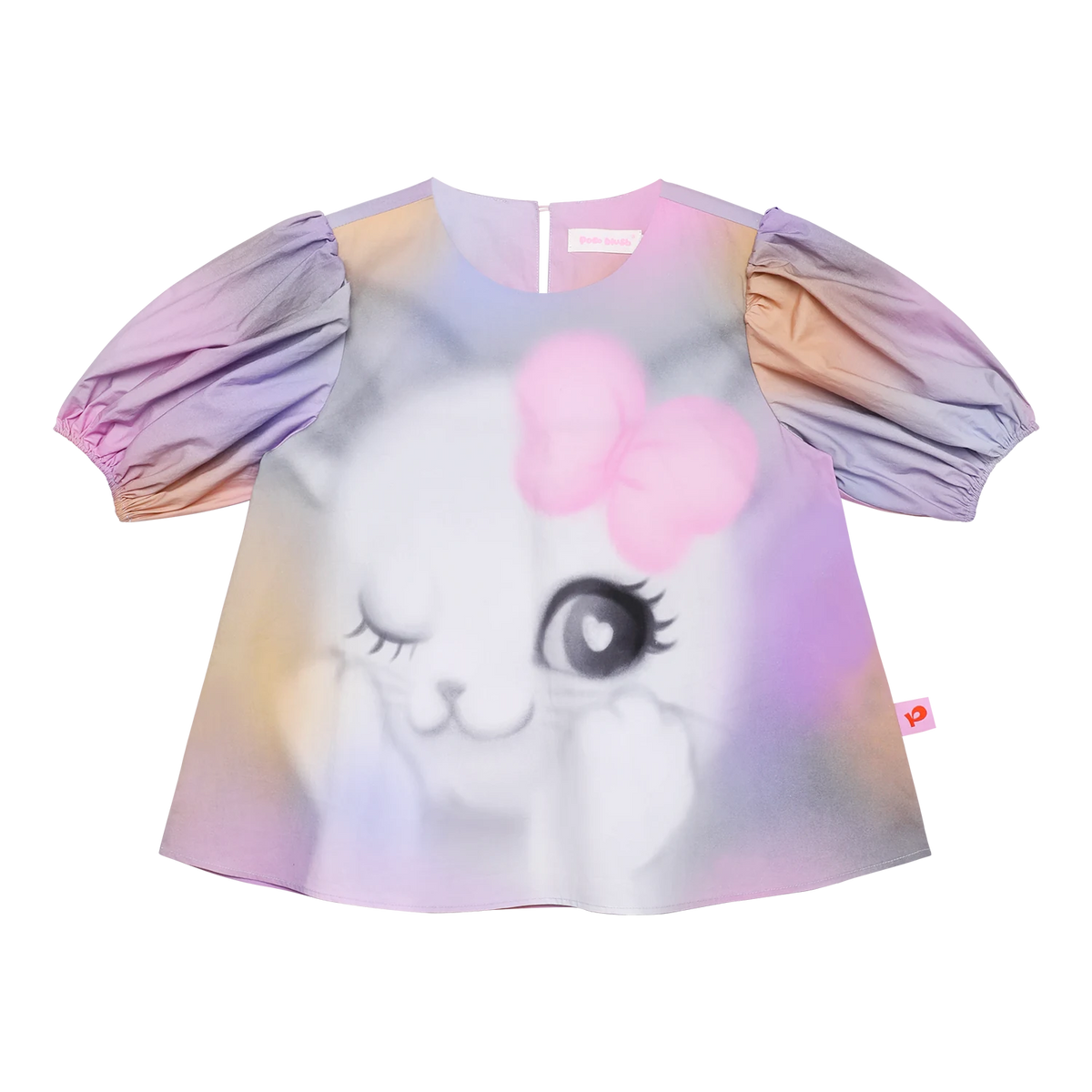 Poco Blush Rainbow Kitty Puff-Sleeve Printed Top
