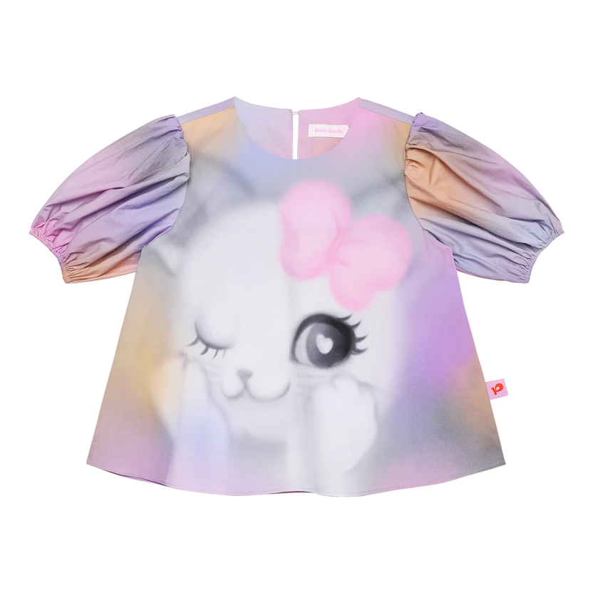 Rainbow Kitty Puff-Sleeve Printed Top by Poco Blush