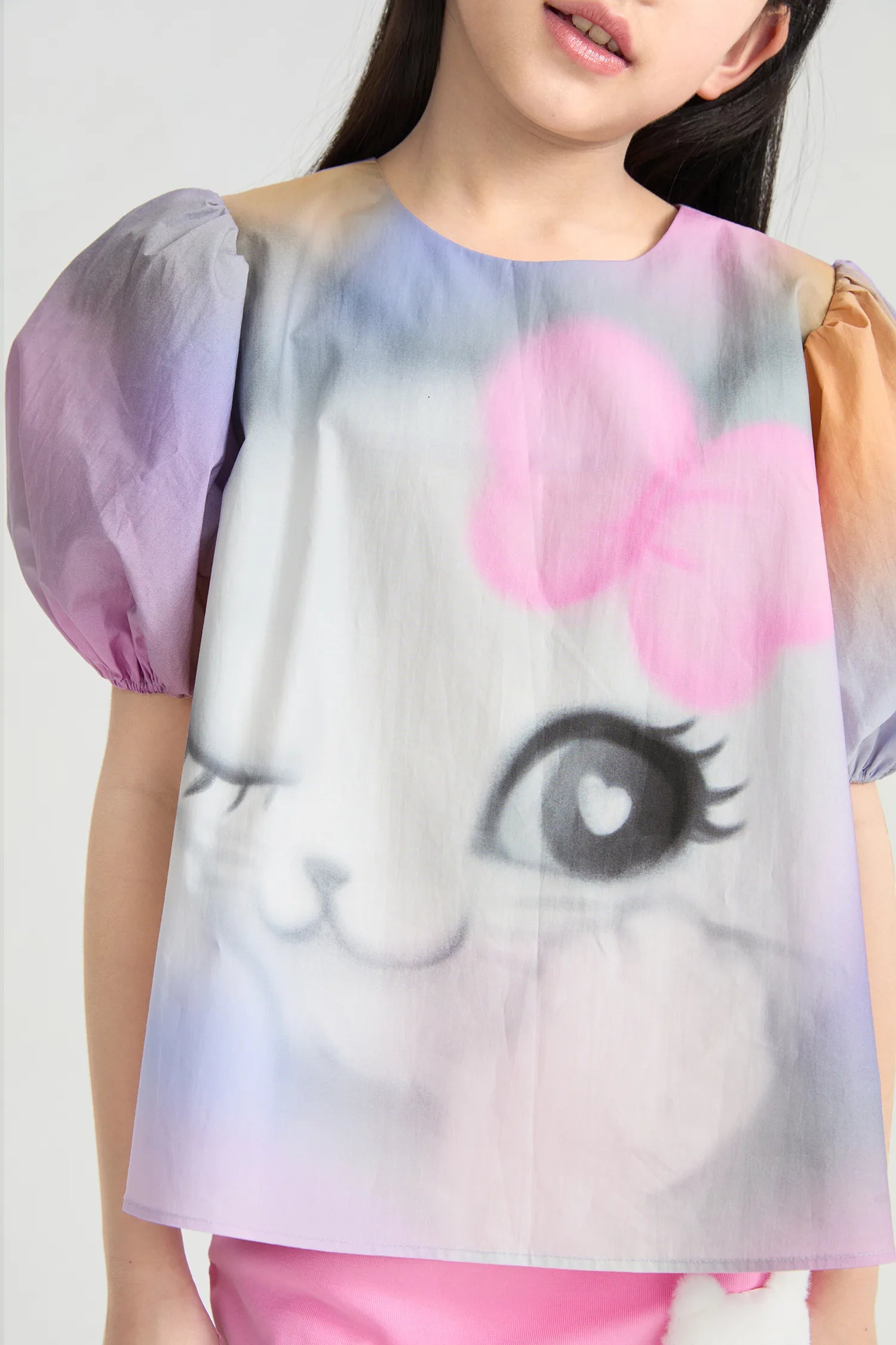 Poco Blush Rainbow Kitty Puff-Sleeve Printed Top for Girls