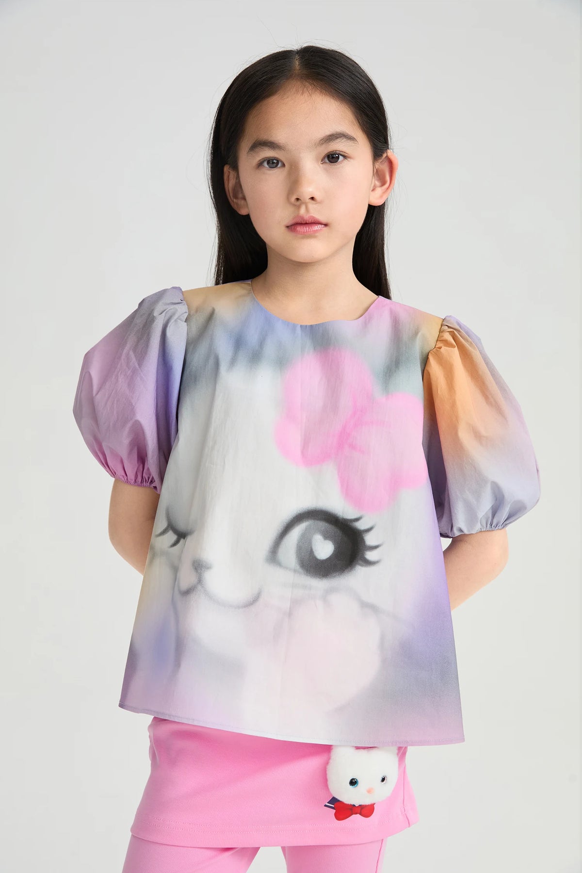 Poco Blush Rainbow Kitty Puff-Sleeve Printed Top