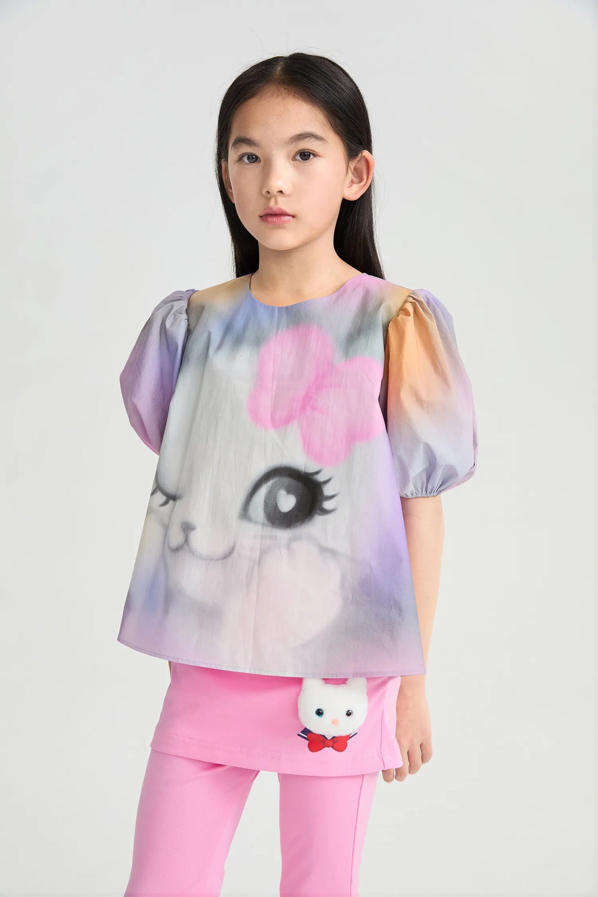 Poco Blush Rainbow Kitty Puff-Sleeve Printed Top