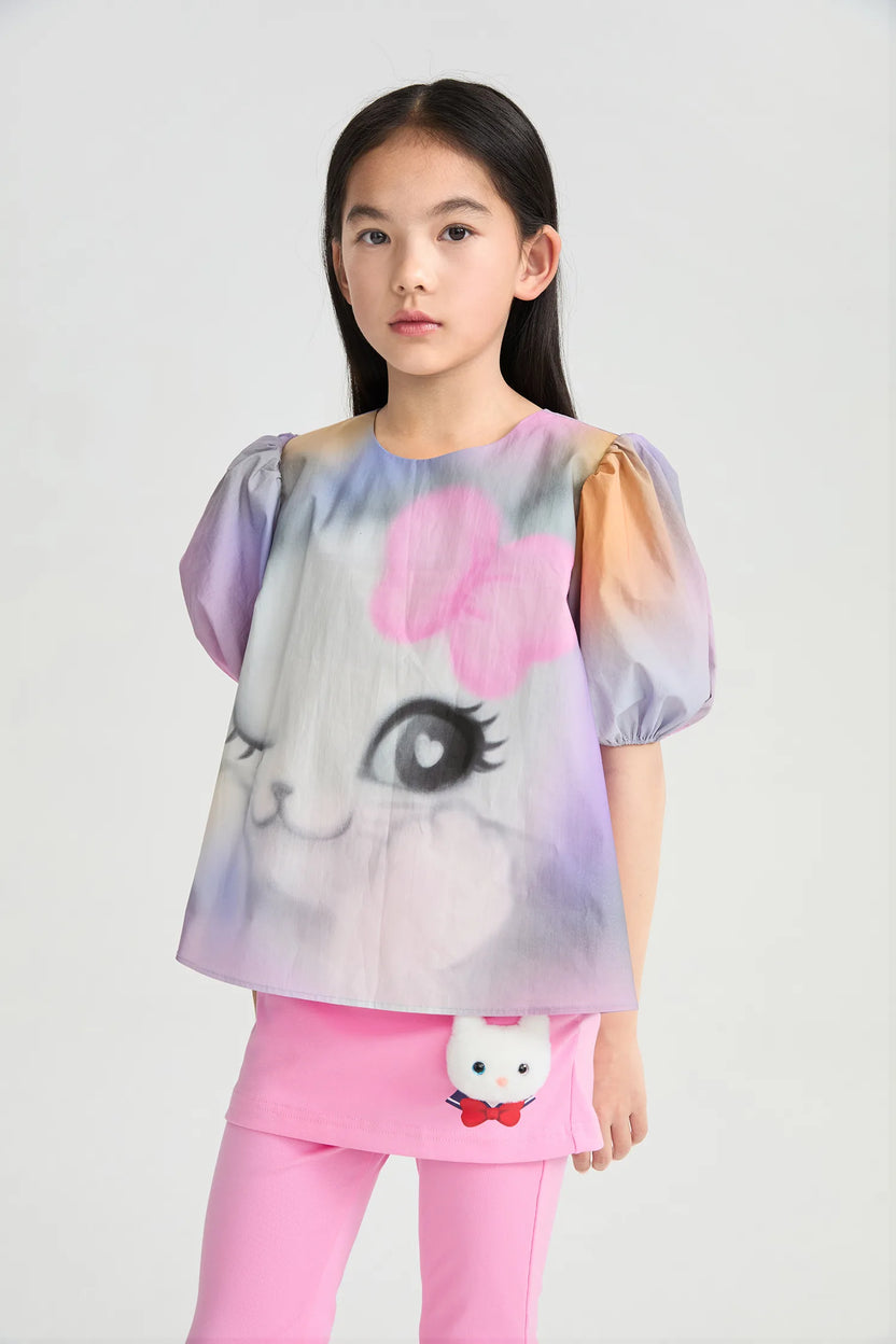 Rainbow Kitty Puff-Sleeve Printed Top by Poco Blush, image 3
