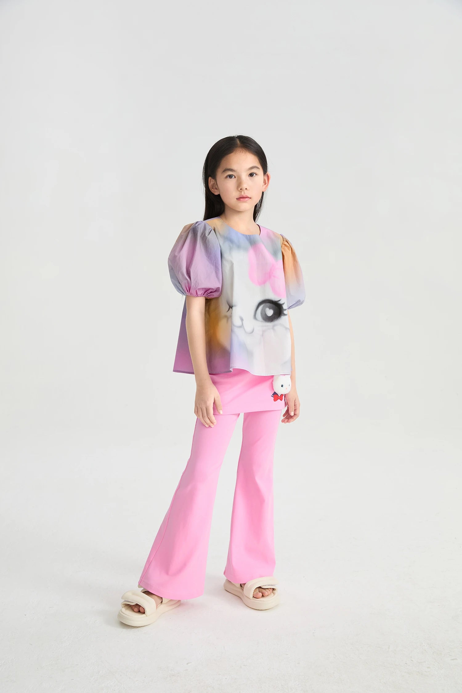 Poco Blush Rainbow Kitty Puff-Sleeve Printed Top for Girls