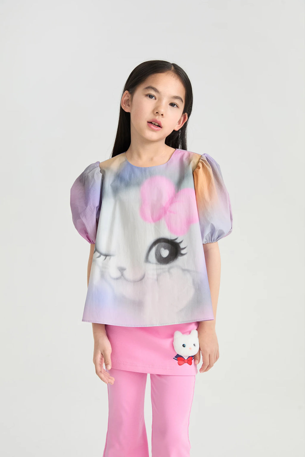 Poco Blush Rainbow Kitty Puff-Sleeve Printed Top for Girls