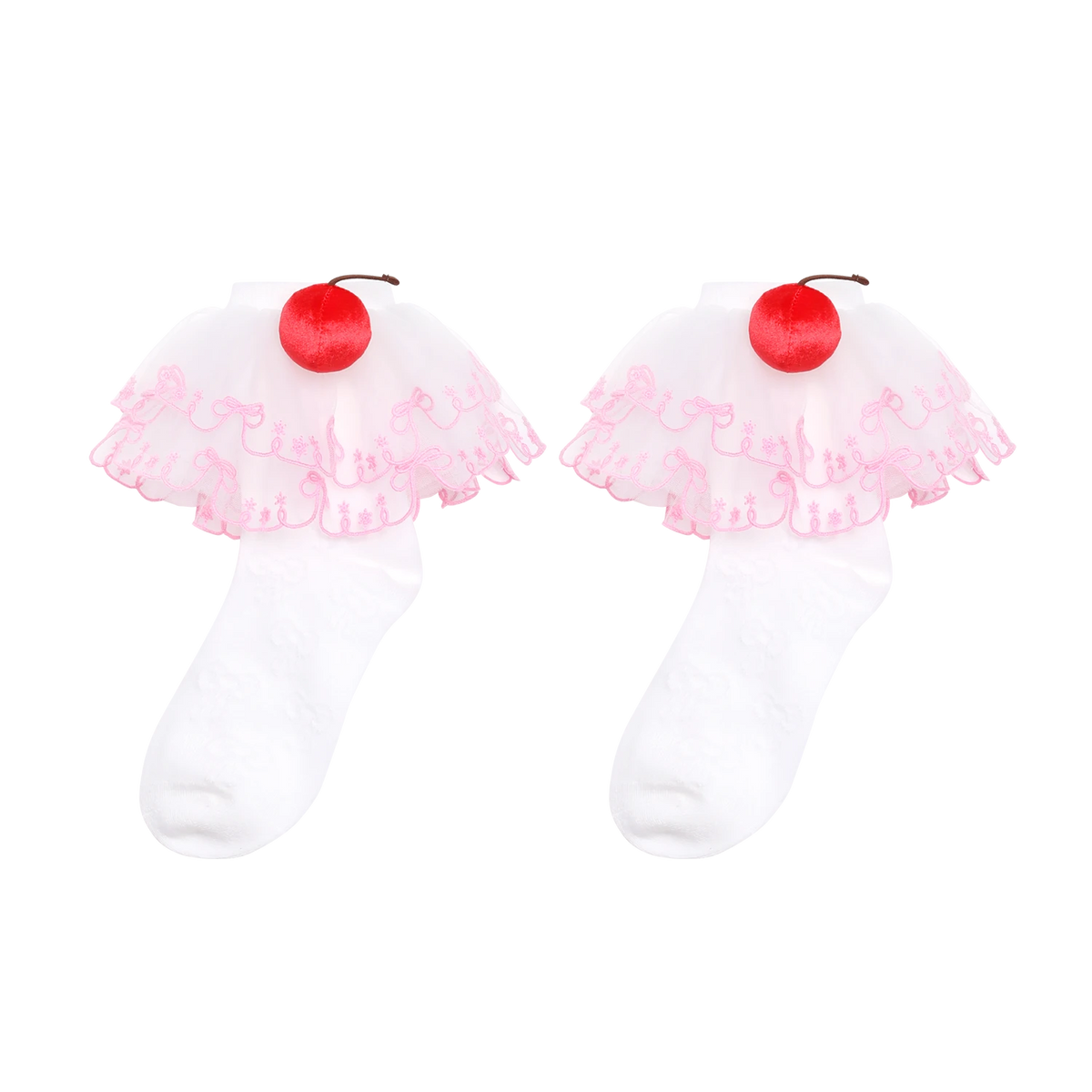 Poco Blush Lucky Cherry Embroidered Lace Ankle Socks White