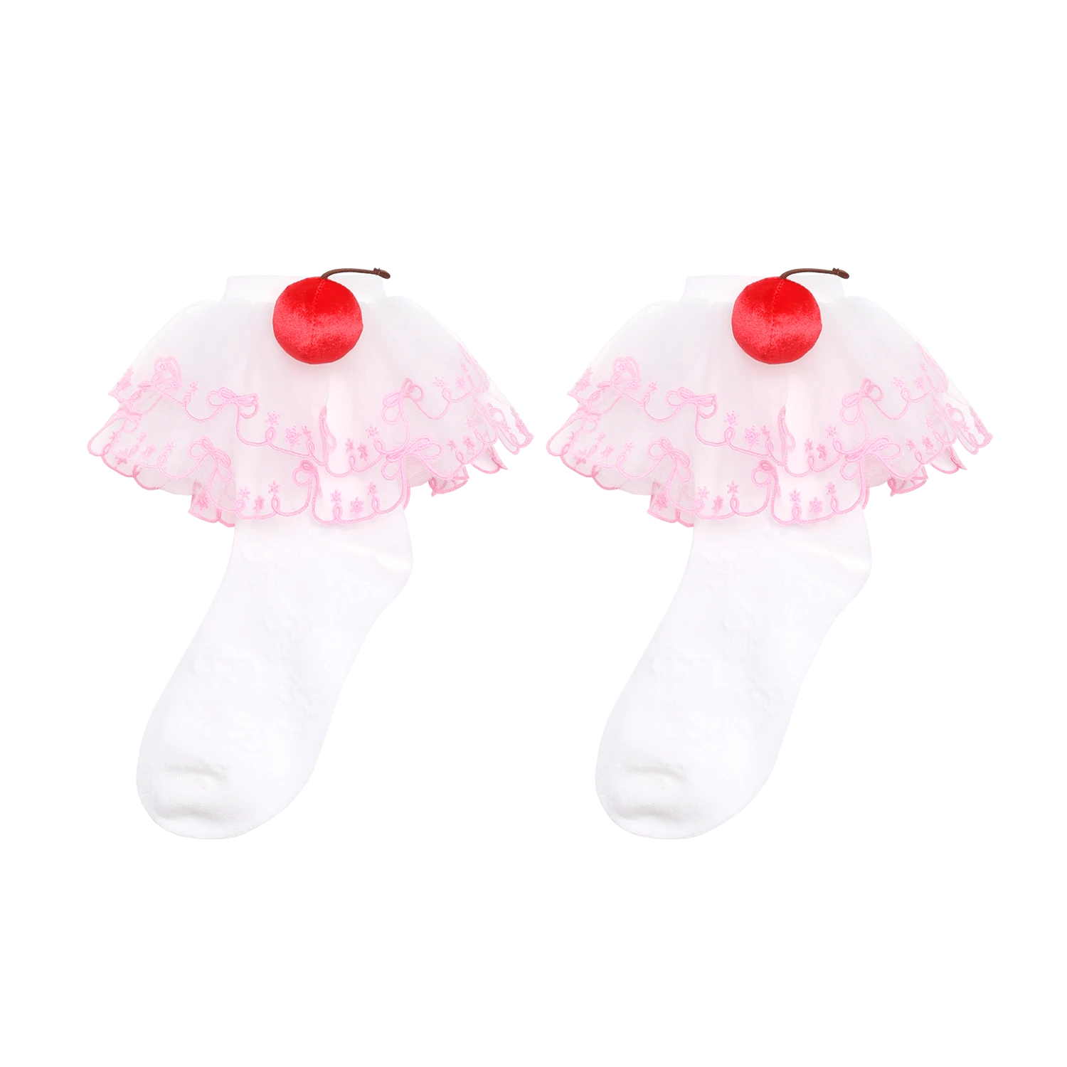 Poco Blush Lucky Cherry Embroidered Lace Ankle Socks White