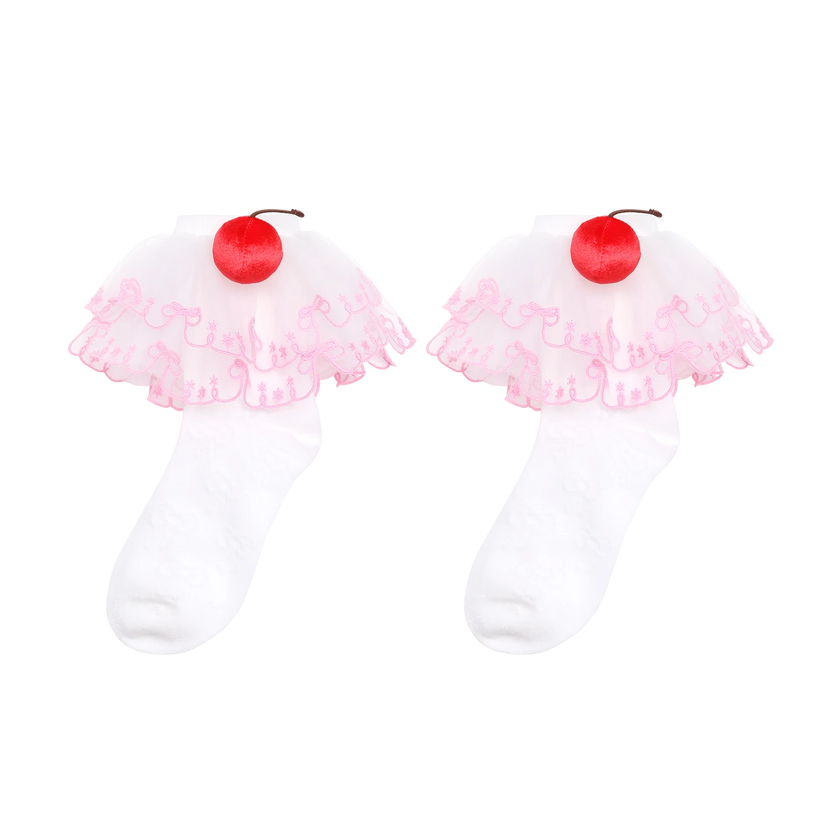 Lucky Cherry Embroidered Lace Ankle Socks by Poco Blush