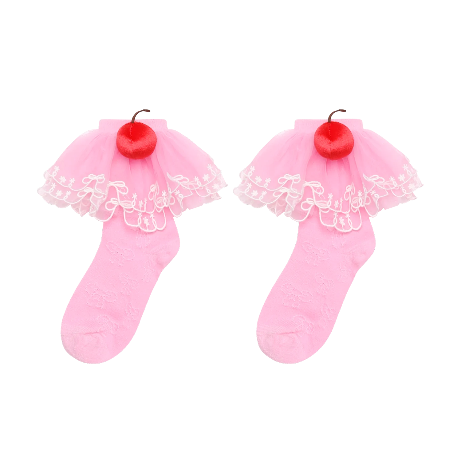 Poco Blush Lucky Cherry Embroidered Lace Ankle Socks Pink